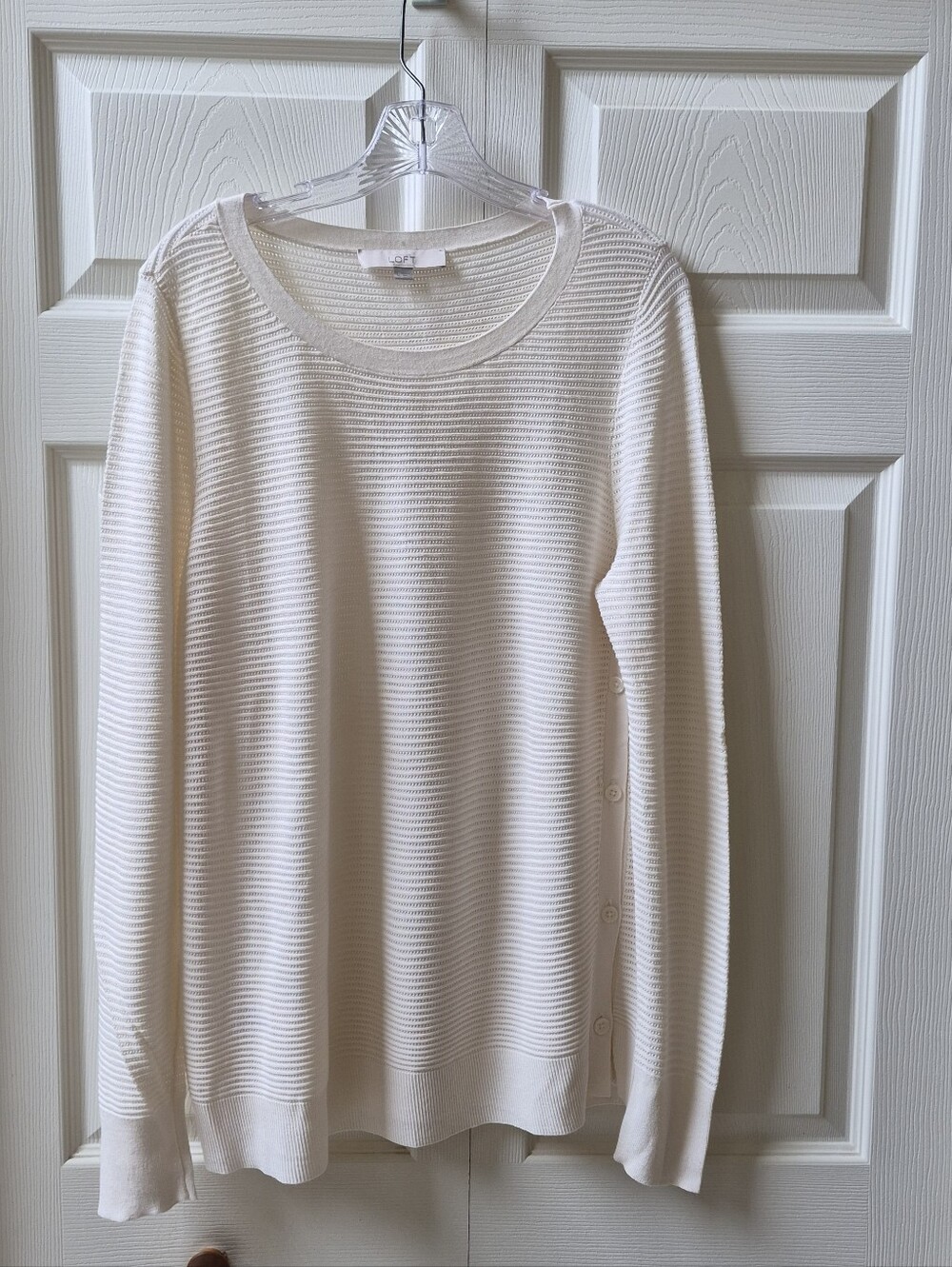 LOFT Cream Ribbed Scoopneck Sweater with Side Button Detail
